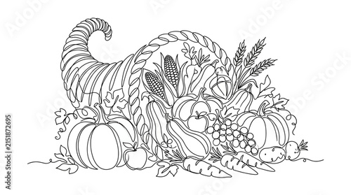 Cornucopia of Autumn Harvest Vegetables and Fruits Outline