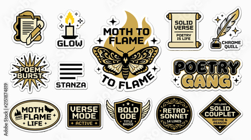 Moth to Flame Poetry Sticker Pack Y2K Aesthetic Vector Set with Vintage Literature Quotes and Mystical Symbols