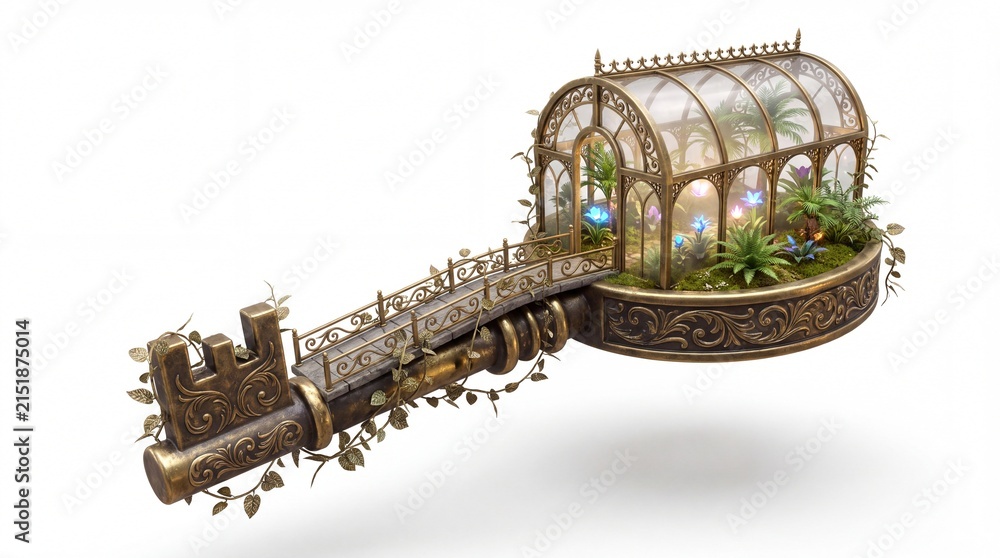 Fototapeta premium Steampunk skeleton key with miniature greenhouse, ornate brass fantasy key holding a glass conservatory, magical botanical garden key isolated PNG with Transparent Background