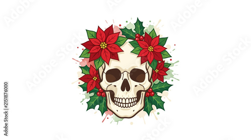 Skull surrounded by festive red poinsettias and holly leaves