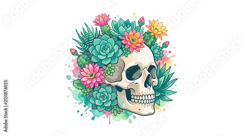 Skull with succulents and colorful desert flowers.