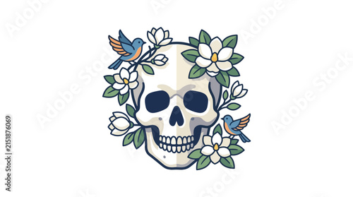 Stylized skull surrounded by jasmine flowers and birds.