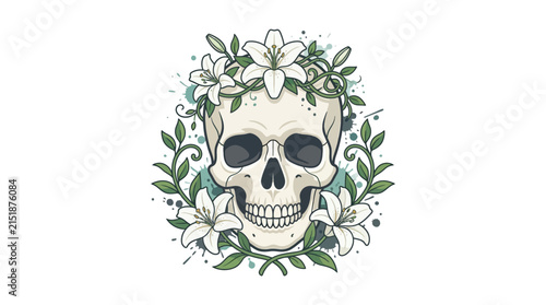 Symmetrical skull illustration framed by white lily blossoms.