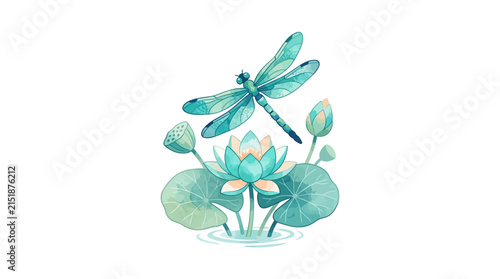 Blue dragonfly hovering over teal lotus flowers.
