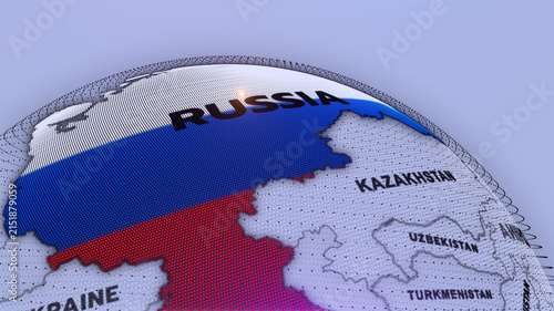 Photography a digital futuristic-style globe focusing on Russia, map, russia map, world map,