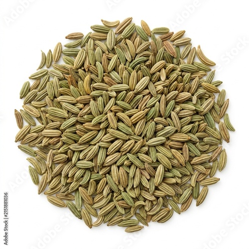 Eco friendly Fennel Seeds Isolated on White Solid Background, Natural Ingredient for Healthy Cooking, Culinary Recipes, and Food Photography
