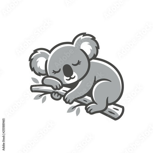 Adorable gray koala sleeping on a tree branch.