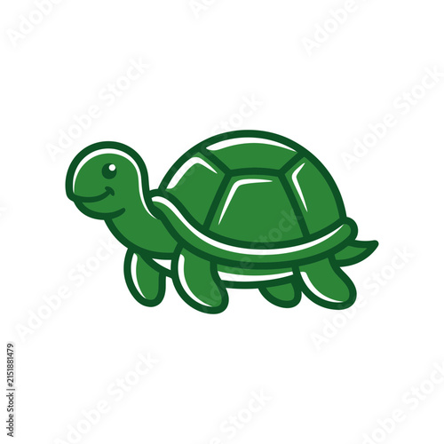 Cartoon illustration of a green turtle with a smiling face.