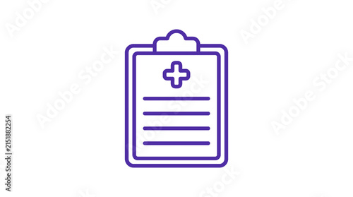 Purple medical clipboard icon with patient cross.