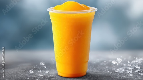 Refreshing mango smoothie in a clear takeaway plastic cup with ice cubes