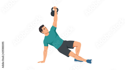 Athletic man performing Turkish Get-Up exercise with a kettlebell for functional strength flat vector illustration