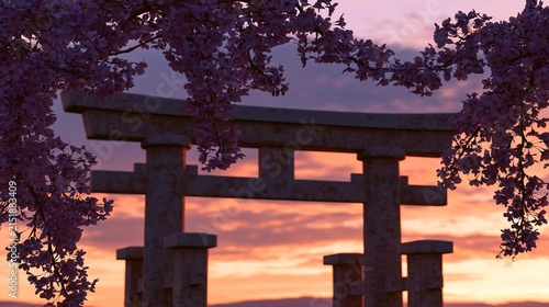 torii. Traditional Japanese torii gate at sunset with cherry blossoms, creating a serene atmosphere. inspiring travel planning.