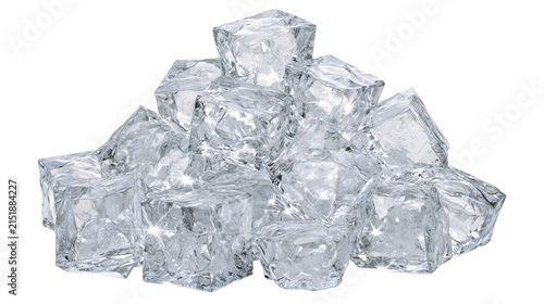 Pile of clear ice cubes with sharp edges and facets