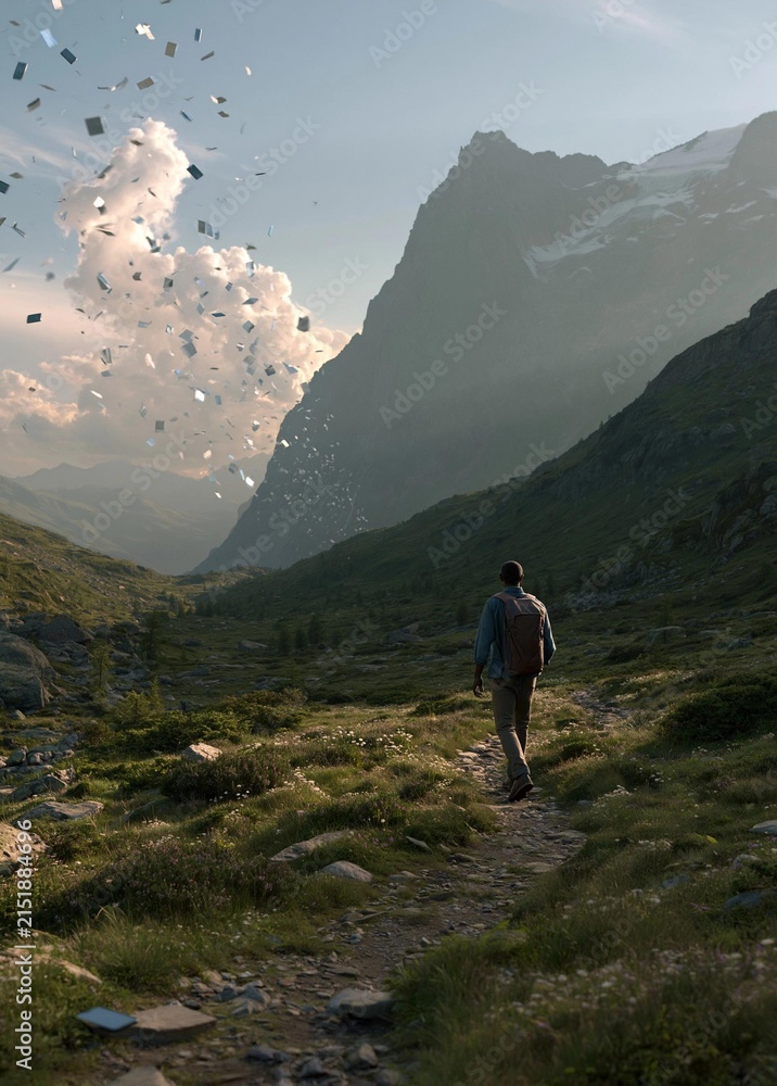 Obraz premium Man walking on a trail in a mountainous area. he is wearing a blue jacket and carrying a backpack.