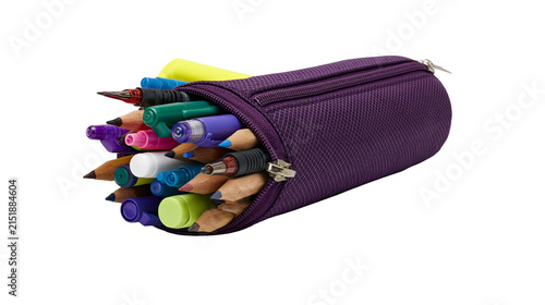 Purple pencil case filled with colored pencils and pens