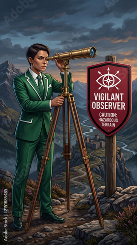 Man in green suit using telescope on mountain overlooking castle, symbolizing surveillance, observation, and strategic planning for security.