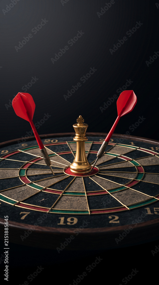 Fototapeta premium Golden king chess piece on a dartboard with red darts, symbolizing strategic victory, target achievement, and game competition