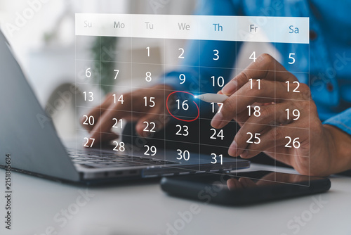 Calendar interface with marked date, hand pointing at schedule, planning productivity, deadline reminder, appointment booking and business workflow, smart organization tool, time management concept