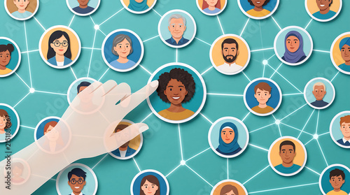 Diverse group of people connected in a network with a hand selecting one individual illustration vector graphic