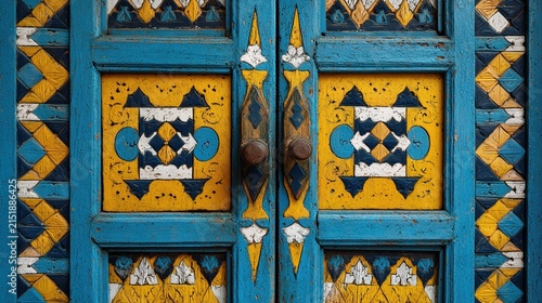 moroccan. A vibrant Moroccan door features intricate geometric patterns and bold colors in close-up. event programs, museum guides, designed for cultural heritage projects and event programs.