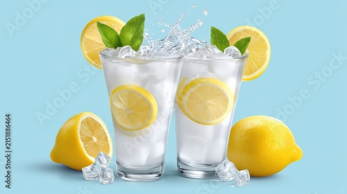 Refreshing lemonade with lemon slices and ice splashing in glasses