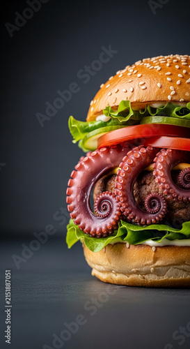 A gourmet burger featuring a succulent octopus tentacle as a unique filling, presented on a dark surface, symbolizing culinary adventure and seafood fusion