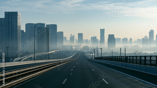 Scenic Drive Along the Expressway Toward the Outskirts with Urban Skyline in the Background