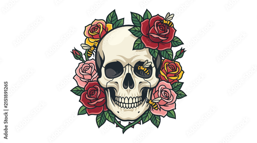 Fototapeta premium Human skull surrounded by colorful roses and bees.