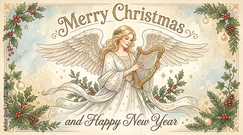 Vintage Style Merry Christmas and Happy New Year Greeting Card with Angel Playing Golden Harp