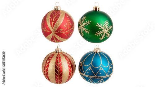Four colorful shiny christmas baubles ornaments holiday party decor isolated on transparent background