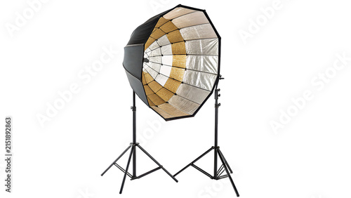 Professional studio photography light reflector softbox on metal stand isolated on transparent background
