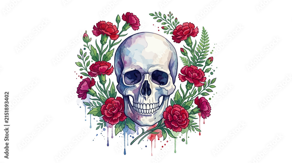 Fototapeta premium Skull with red roses and green leaves on white.