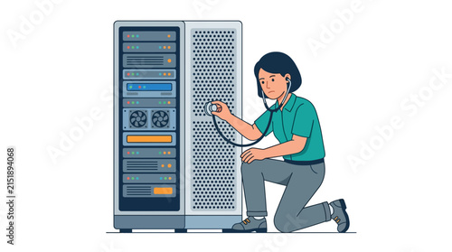 Female IT technician diagnosing data center server health using a stethoscope flat vector element