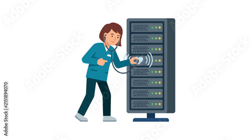 Female IT Technician Using Stethoscope to Check Server Rack Health and Diagnostics Flat Vector Element