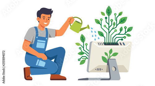 IT specialist nurturing digital growth by watering computer monitor with circuitry plants flat vector element