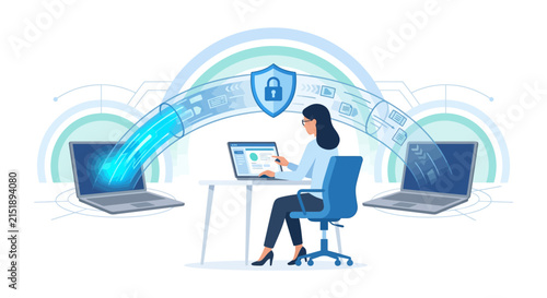 Professional woman configuring a secure VPN tunnel for data protection flat vector element