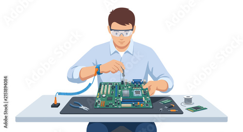 Professional electronics technician repairing a computer motherboard using anti-static wrist strap flat vector element