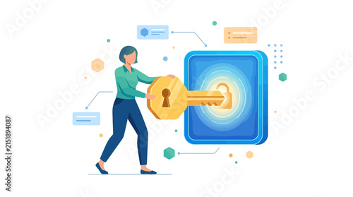 Professional Woman Unlocking Secure Digital Padlock with Large Golden Key for Cybersecurity Concept Flat Vector Element