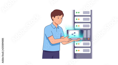 IT specialist technician installing cloud storage server module in network data center room flat vector element.