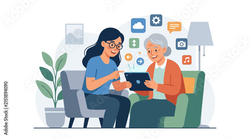Young Woman Teaching Senior Lady Digital Literacy Skills with Tablet Device Flat Vector Illustration