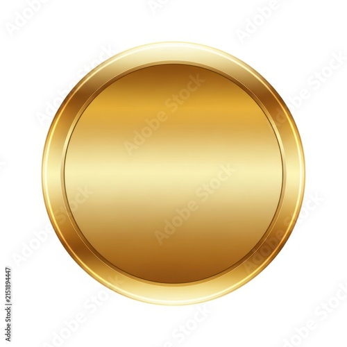 Golden metallic circle frame, blank gold coin or medal template, shiny round brass plaque isolated on white background