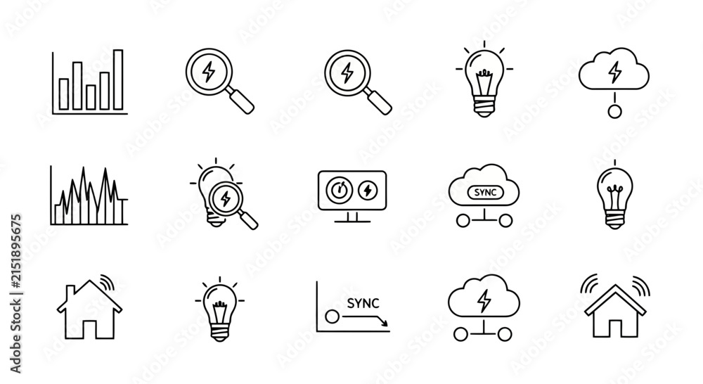 Fototapeta premium A collection of line art icons representing various concepts related to technology, data analysis, and innovation.
