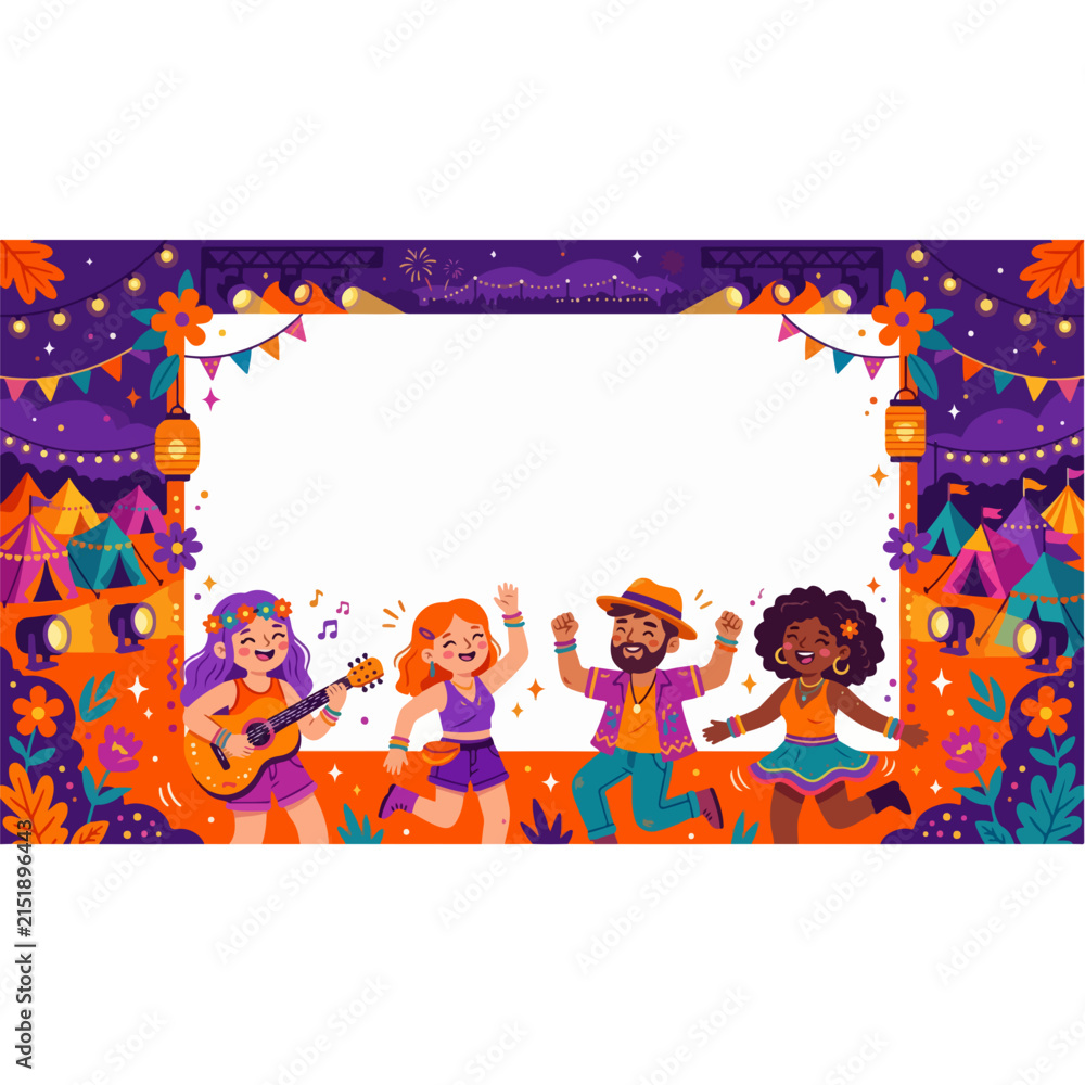 Fototapeta premium Summer Music Festival Poster Template with Diverse People Dancing at Outdoor Concert Venue and Blank Frame for Text