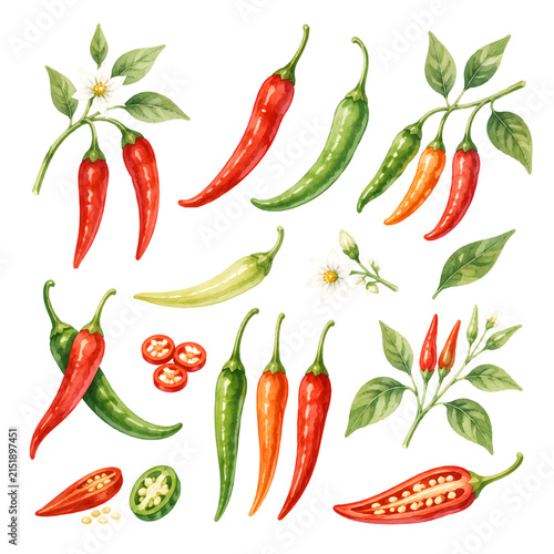 Watercolor Chili Pepper Collection with Fresh Red and Green Peppers