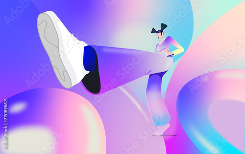 Stylized Woman Performing a High Kick in Colorful Abstract Illustration