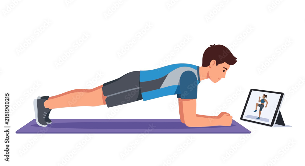 Fototapeta premium Young man performing core plank exercise while watching online fitness tutorial on tablet flat vector illustration