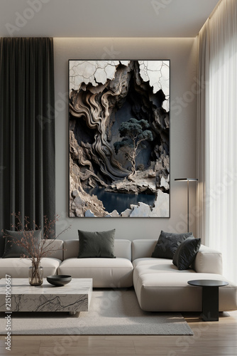 Art piece on wall with tree surrounded by abstract textures in a living room setting