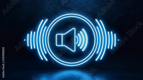 Neon blue sound wave icon glowing in dark digital environment with reflection