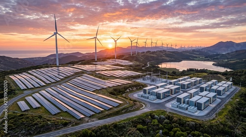 Wind turbines and solar panels sit beside a serene lake at sunset, providing sustainable electricity for the surrounding region while demonstrating the integration of green technology into natural.