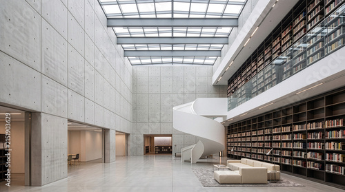 Modern library interior with spiral staircase and concrete walls